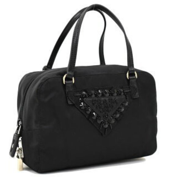 Prada nylon handbag card key black beaded Pocono leather - Picture 1 of 8